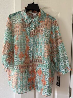 BonWorth XL Sheer Button Front Blouse Multicolor Ikat Boho Roll Tab Sleeve NWT